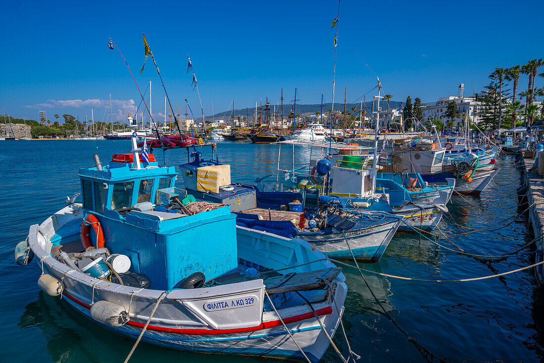 Blick auf Boote und Schiffe im Hafen von Kos, Kos Stadt, Kos, Dodekanes, Griechische Inseln, Griechenland, Europa