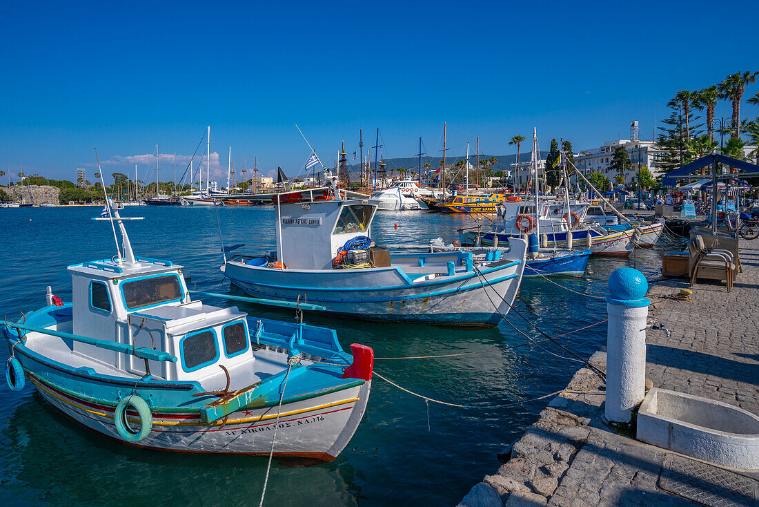 Blick auf Boote und Schiffe im Hafen von Kos, Kos Stadt, Kos, Dodekanes, Griechische Inseln, Griechenland, Europa