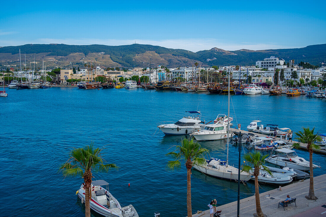 Blick auf Boote im Hafen von Kos-Stadt von erhöhter Position, Kos, Dodekanes, Griechische Inseln, Griechenland, Europa