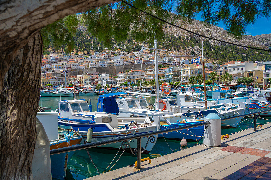 Blick auf Hafenboote in Kalimnos mit Hügeln im Hintergrund, Kalimnos, Dodekanes Inseln, Griechische Inseln, Griechenland, Europa