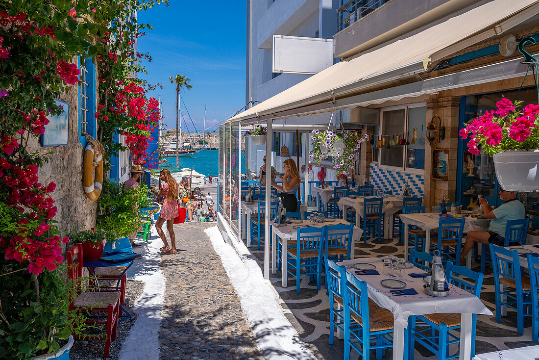 View of colourful local Taverna overlooking Kos Harbour, Kos Town, Kos, Dodecanese, Greek Islands, Greece, Europe