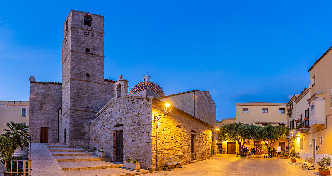 View of Chiesa Parrocchiale di S. Paolo Apostolo church at dusk, Olbia, Sardinia, Italy, Mediterranean, Europe