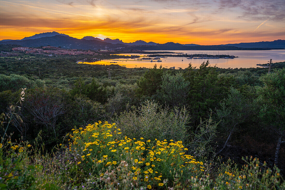 View of Melamar and mountainous backdrop at sunset, Sardinia, Italy, Mediterranean, Europe