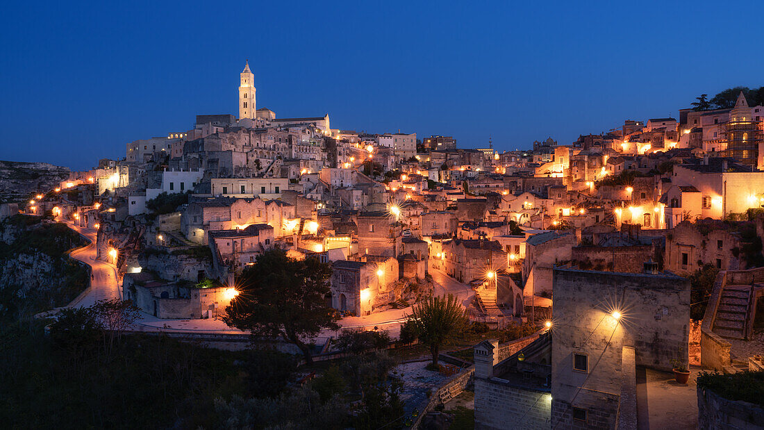 City view of Matera at night, Matera, Basilicata, Italy, Europe