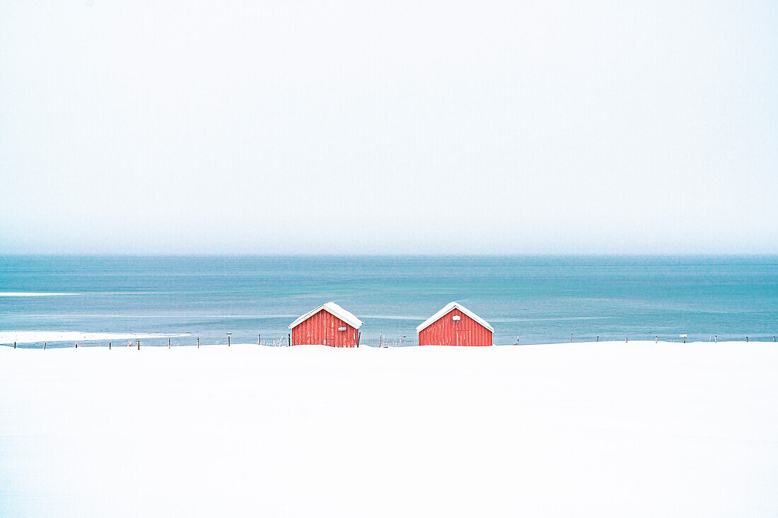 Red cabins in the snow overlooking the frozen sea, Troms county, Norway, Scandinavia, Europe