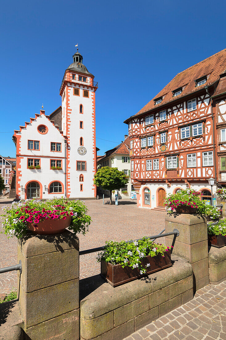 Town hall and Palmsches Haus on market square, Mosbach, Neckartal Valley, Odenwald, Baden-Wurttemberg, Germany, Europe