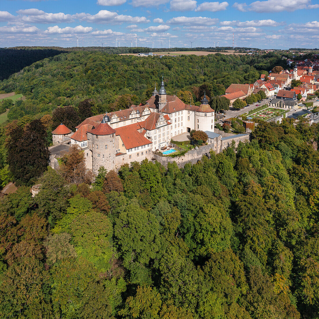 Aerial of Schloss Langenburg, Langenburg, Hohenlohe, Baden-WALrttemberg, Germany, Europe