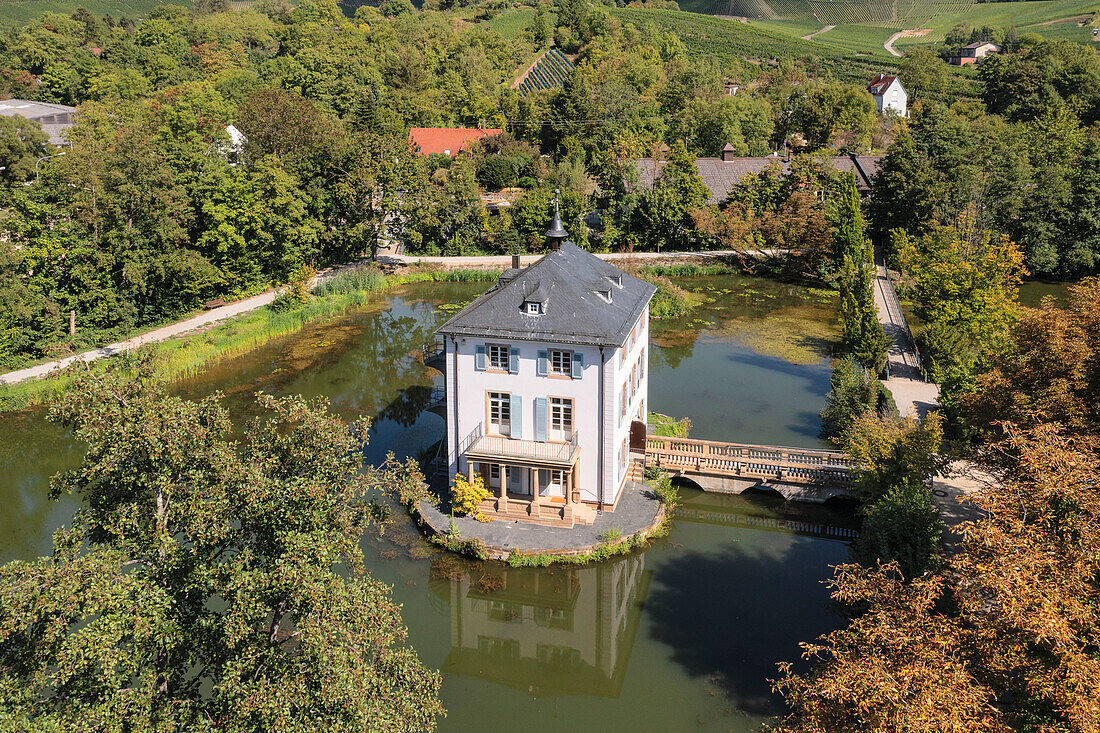 Aerial of Trappensee little castle, Heilbronn, Neckartal Valley, Wuerttemberg Wine Route, Baden-Wurttemberg, Germany, Europe