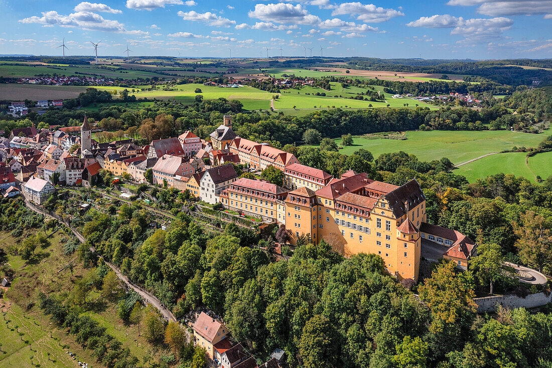 Aerial of Kirchberg an der Jagst with Kirchberg Castle, Hohenlohe, Baden-Wurttemberg, Germany, Europe