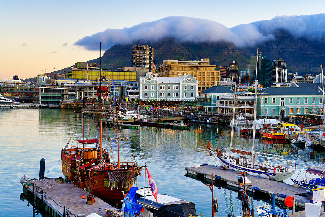 Victoria and Alfred Waterfront and harbor at sunset, Cape Town, South Africa, Africa