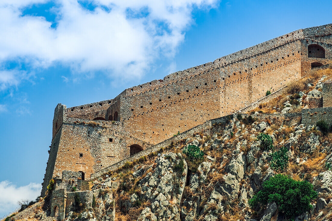 The 18th-century Palamidi Fortress citadel with a bastion on the hill, Nafplion, Peloponnese, Greece, Europe