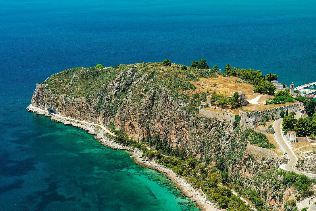 Akronafplia old castle with fortification above sea, panoramic view from Palamidi, Nafplion, Peloponnese, Greece, Europe