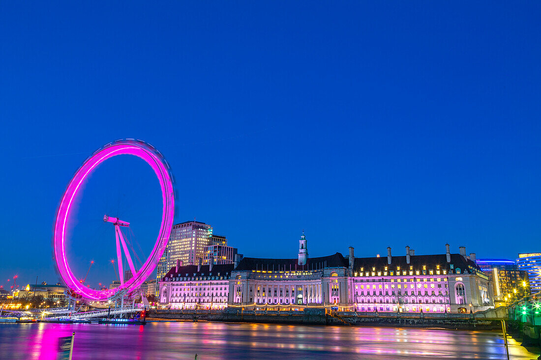 London Eye and London County Hall buiding, at dusk, River Thames, London, England, United Kingdom, Europe