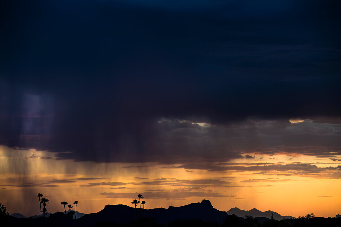 USA, Arizona, Tucson, Dramatische Gewitterwolken über der Landschaft bei Sonnenuntergang