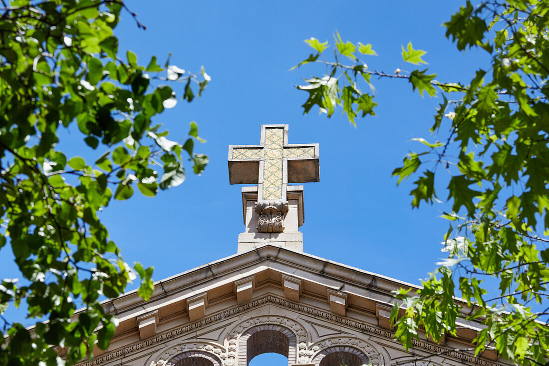 USA, New York, New York City, Low angle view of cross on top of church