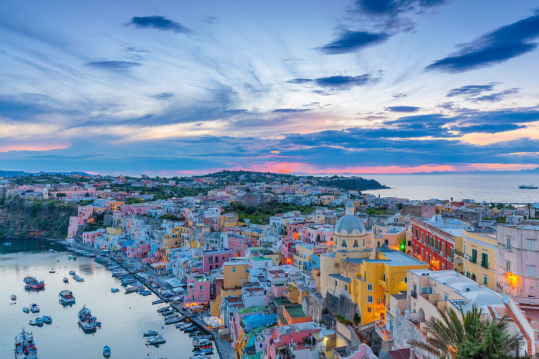 Marina di Corricella at Sunset, Procida, Flegrean Islands, Campania, Italy, Europe