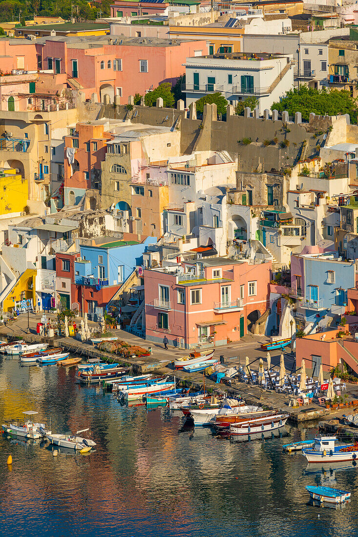 Aerial of Marina di Corricella, Procida, Flegrean Islands, Campania, Italy, Europe