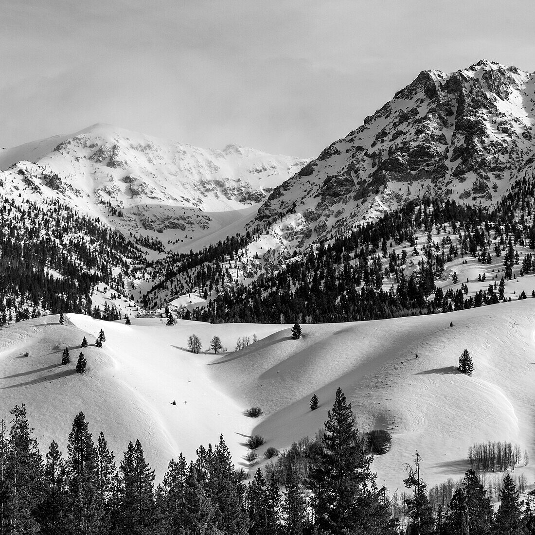 USA, Idaho, Sun Valley, Schneebedeckte Berge mit Wäldern