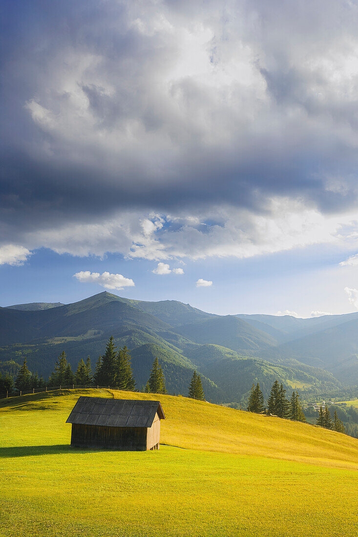 Ukraine, Ivano Frankivsk region, Verkhovyna district, Dzembronya village, Wooden hut in rural landscape in Carpathian Mountains