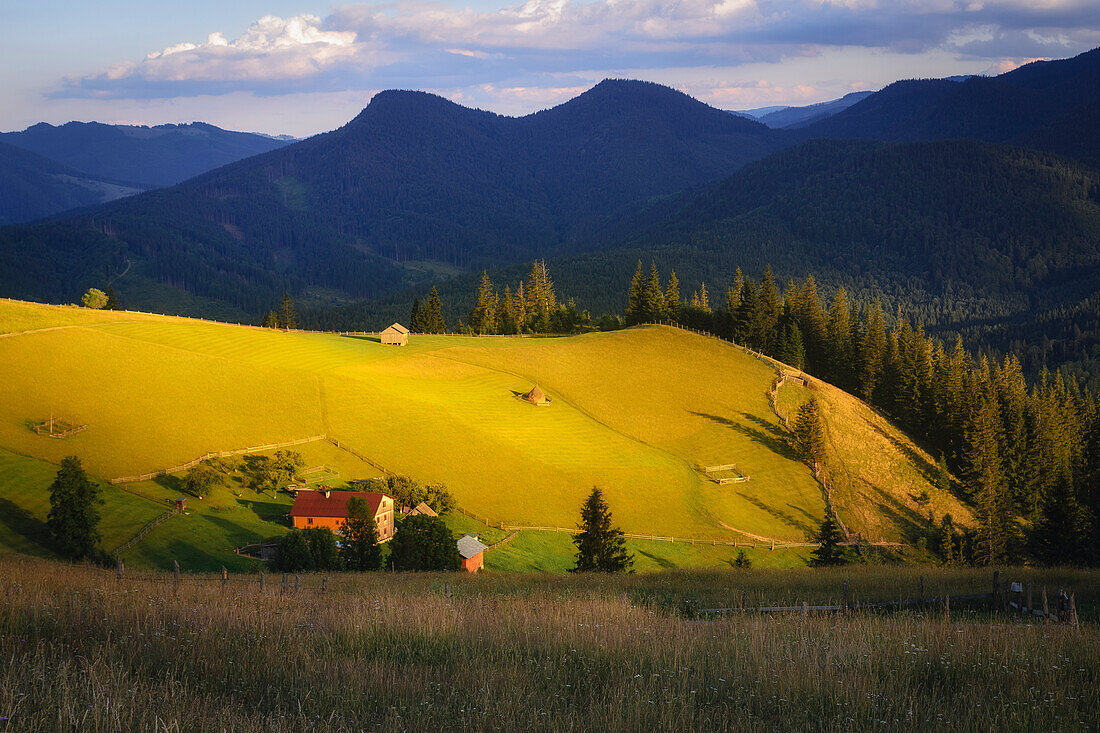 Ukraine, Gebiet Iwano Frankiwsk, Bezirk Werchowyna, Dorf Dzembronya, Häuser in ländlicher Landschaft in den Karpaten bei Sonnenuntergang
