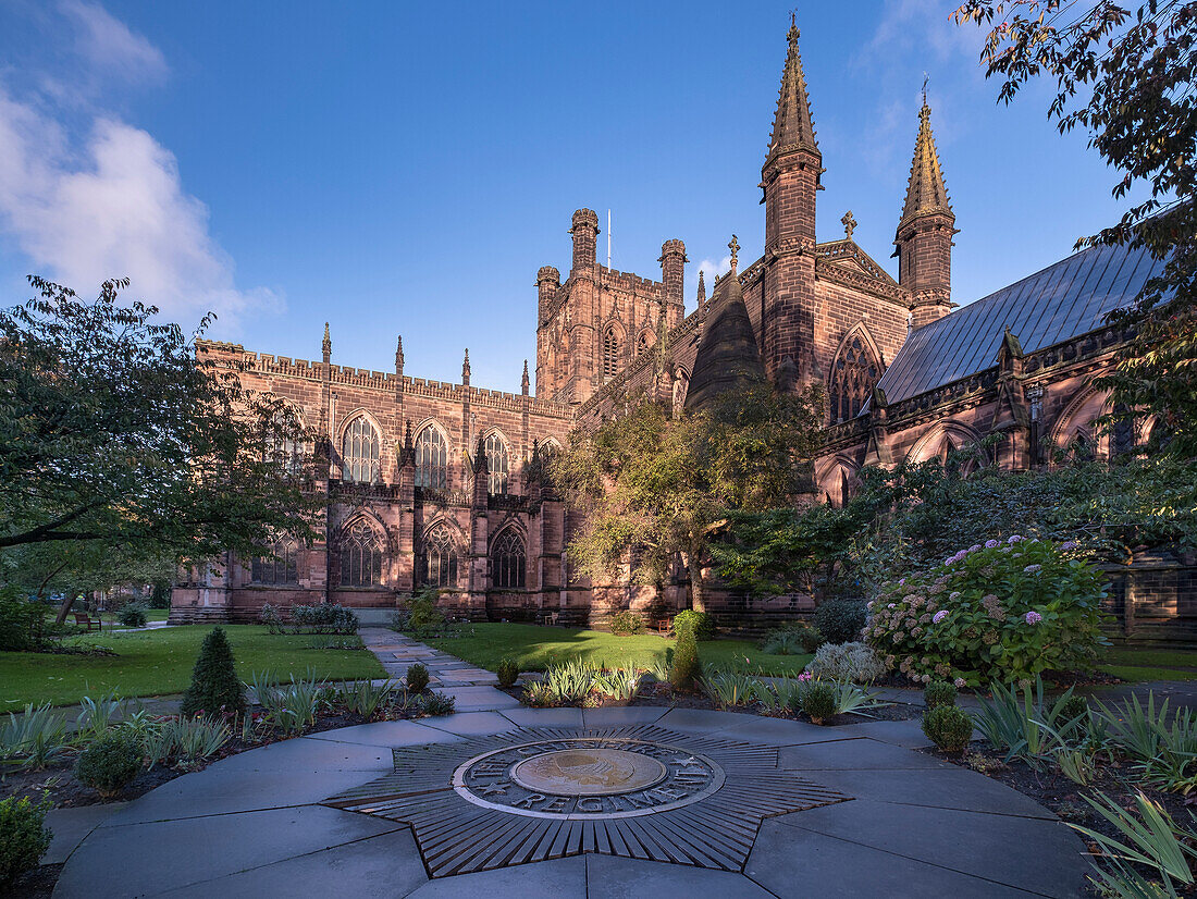 Chester Cathedral from the Remembrance Garden in autumn, Chester, Cheshire, England, United Kingdom, Europe