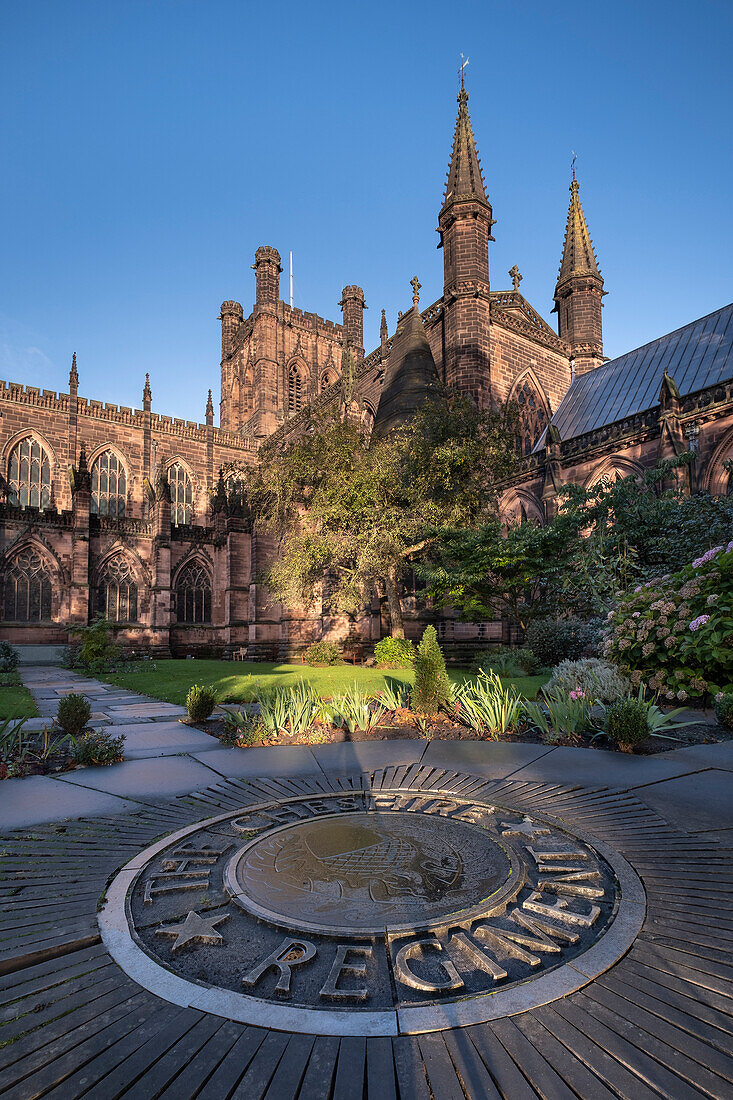 Chester Cathedral from the Remembrance Garden in autumn, Chester, Cheshire, England, United Kingdom, Europe