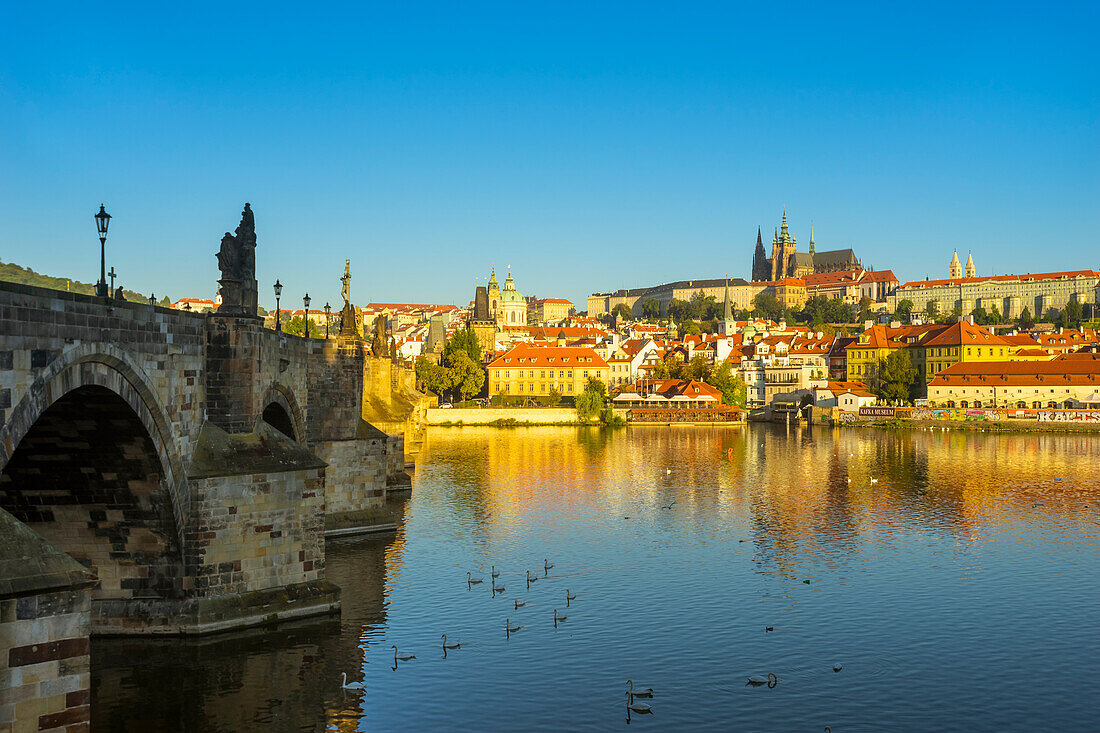 Prager Burg und Karlsbrücke an der Moldau in der Stadt bei Sonnenaufgang, UNESCO-Weltkulturerbe, Prag, Böhmen, Tschechische Republik (Tschechien), Europa