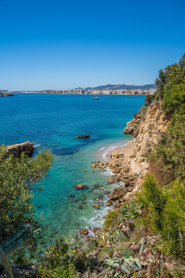 View of hotels overlooking Playa Den Bossa Beach, Ibiza Town, Eivissa, Balearic Islands, Spain, Mediterranean, Europe