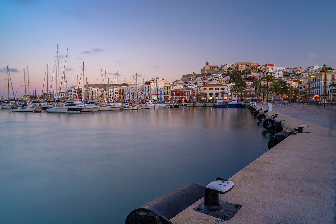 View of Cathedral and Dalt Vila overlooking harbour at dusk, Ibiza Town, Eivissa, Balearic Islands, Spain, Mediterranean, Europe