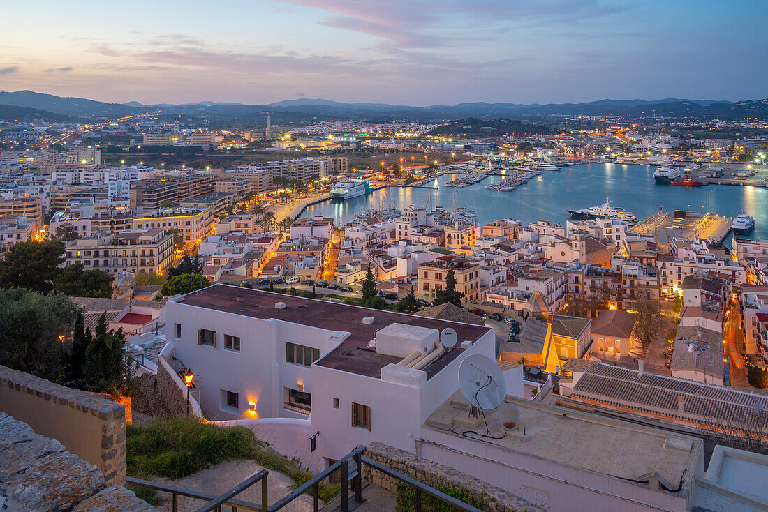 Elevated view of Dalt Vila district at dusk, UNESCO World Heritage Site, Ibiza Town, Eivissa, Balearic Islands, Spain, Mediterranean, Europe