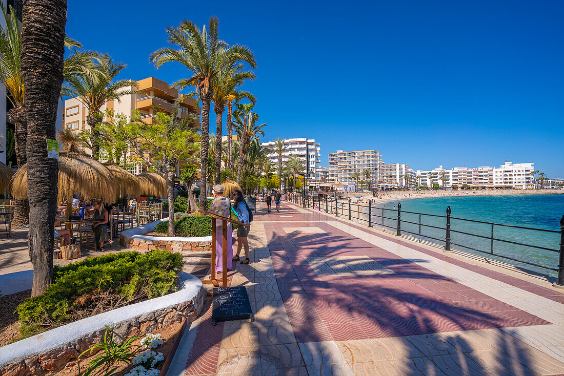 View of promenade and Playa De Santa Eulalia, Santa Eularia des Riu, Ibiza, Balearic Islands, Spain, Mediterranean, Europe