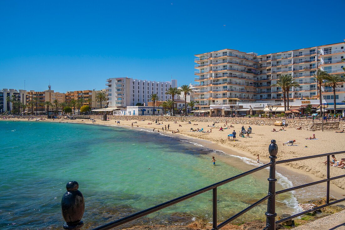 View of Playa De Santa Eulalia, Santa Eularia des Riu, Ibiza, Balearic Islands, Spain, Mediterranean, Europe