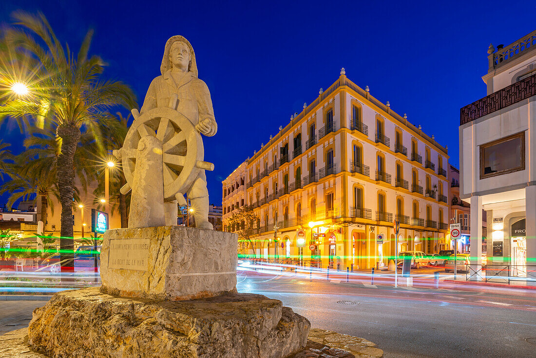 View of Monument a la Gent de la Mar near harbour at dusk, UNESCO World Heritage Site, Ibiza Town, Eivissa, Balearic Islands, Spain, Mediterranean, Europe