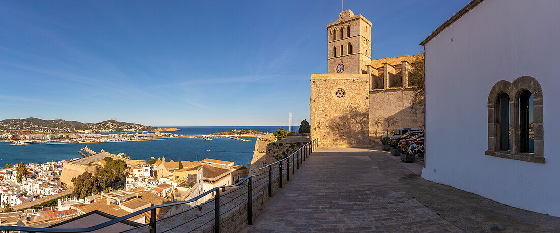 View of Cathedral overlooking harbour and sea, UNESCO World Heritage Site, Ibiza Town, Eivissa, Balearic Islands, Spain, Mediterranean, Europe