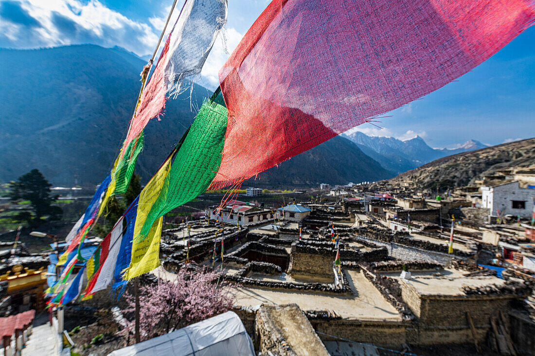 Historical village of Marpha and prayer flags, Jomsom, Himalayas, Nepal, Asia
