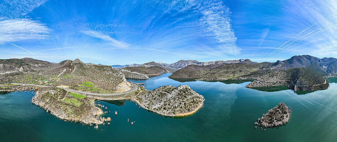 Aerial of the mountains and Embalse de Luna lake, Asturias, Spain, Europe