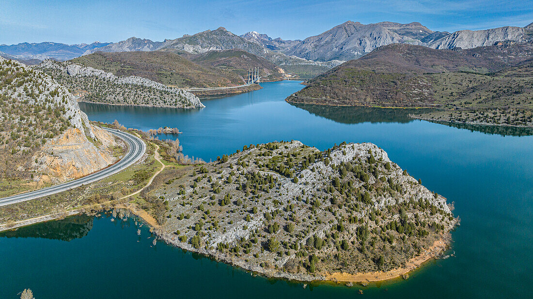 Aerial of the mountains and Embalse de Luna lake, Asturias, Spain, Europe