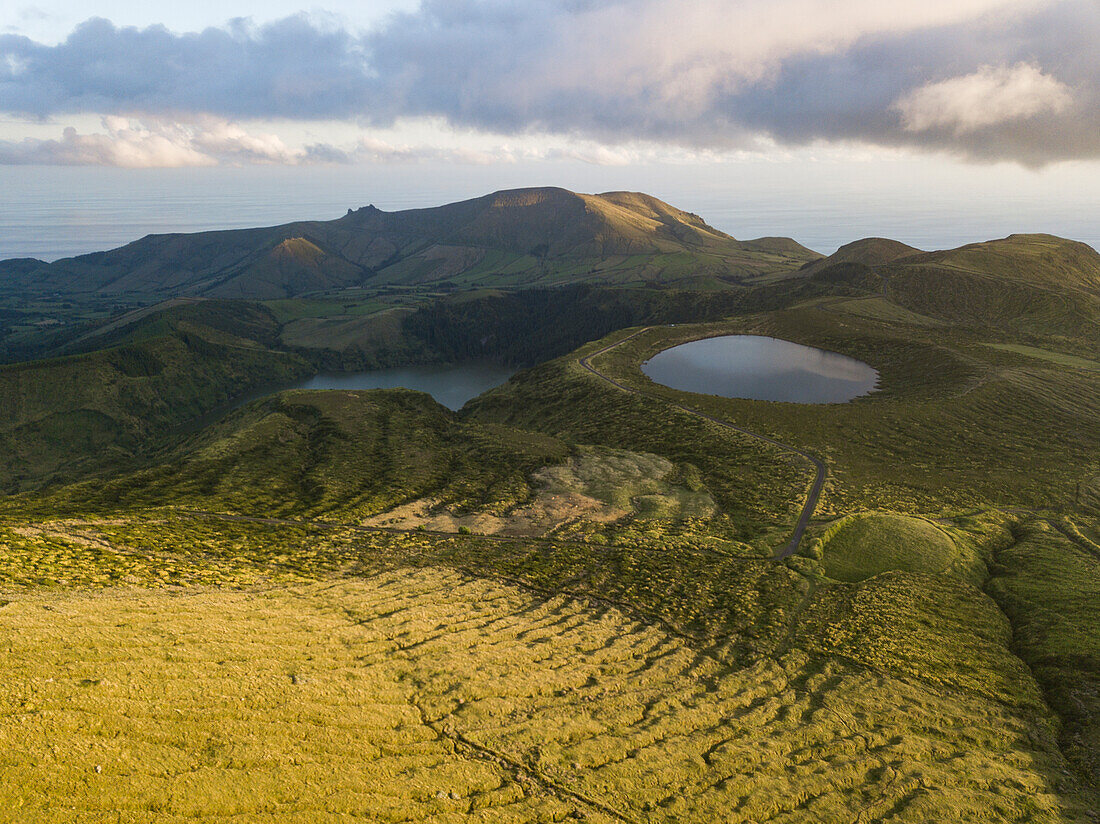 Aerial view of Caldeira Rasa lake on Flores Island at sunset, Azores islands, Portugal, Atlantic, Europe
