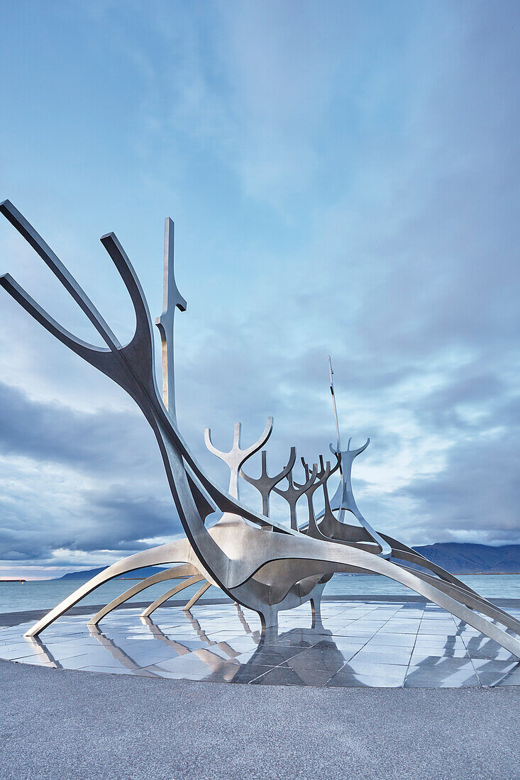 An evening view of the Suncraft sculpture, on the seafront at Reykjavik, capital city of Iceland, Polar Regions