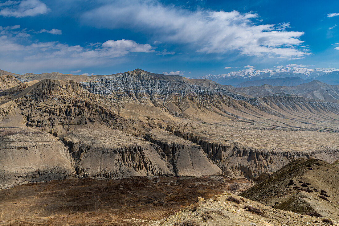 Eroded mountain landscape in the Kingdom of Mustang, Himalayas, Nepal, Asia