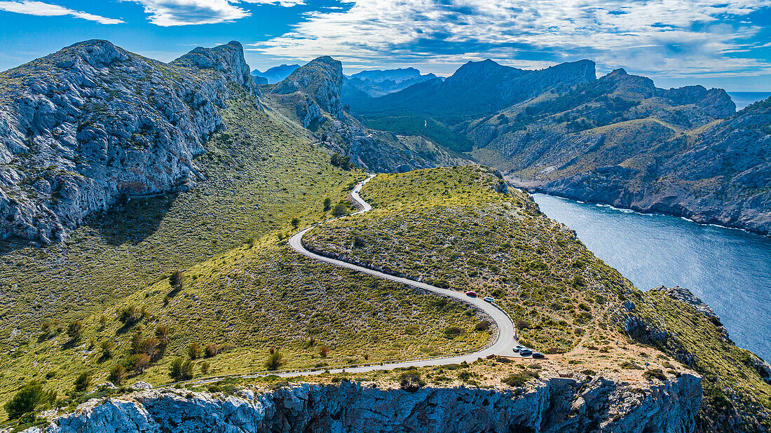 Aerial of the Formentor peninsula, Mallorca, Balearic Islands, Spain, Mediterranean, Europe