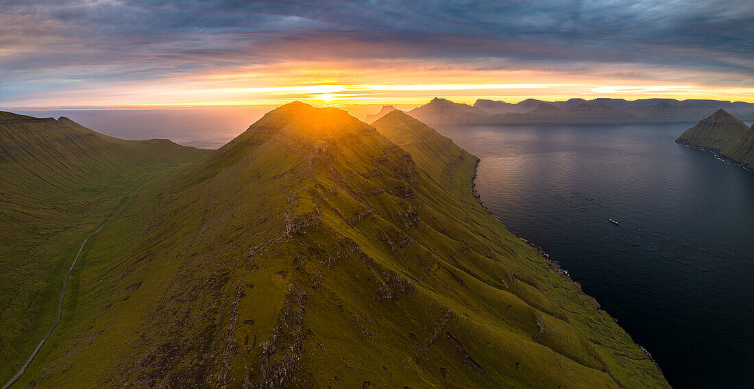 Aerial panoramic view of Funningur fjord at sunrise, Eysturoy Island, Faroe Islands, Denmark, Europe