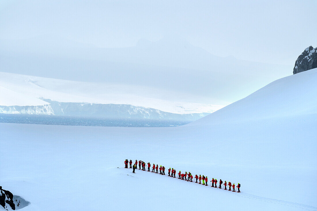 Wanderer beim Schneeschuhwandern in der McFarlane Strait, Südliche Shetlandinseln, Antarktis, Polargebiete