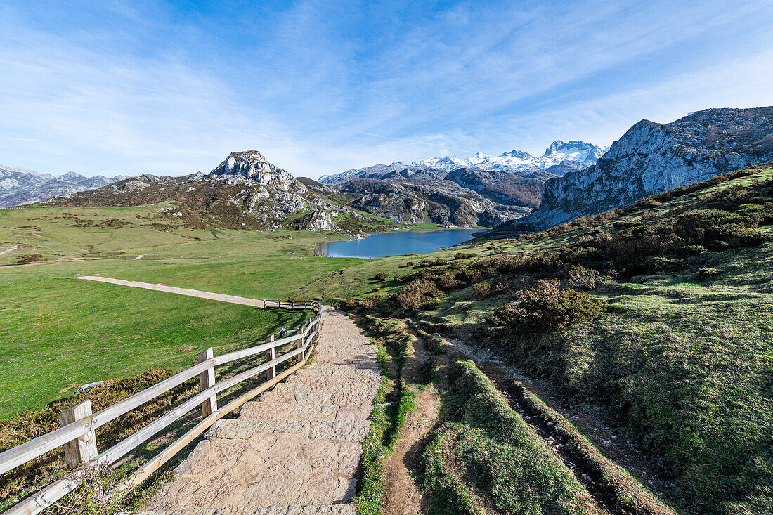 Walkway to the Covadonga lake, Picos de Europa National Park, Asturias, Spain, Europe