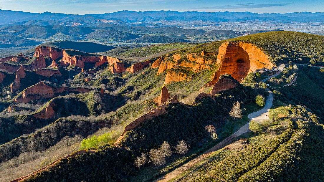 Aerial of Las Medulas old Roman gold mine, UNESCO World Heritage Site, Castile and Leon, northern Spain, Europe