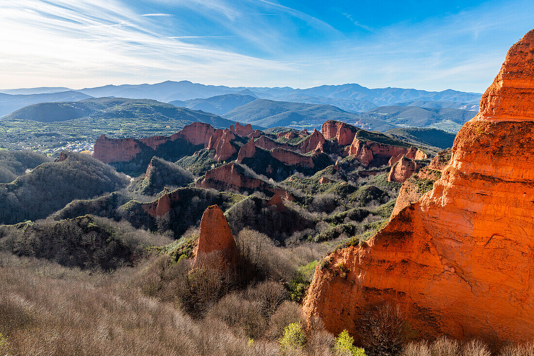 Aerial of Las Medulas old Roman gold mine, UNESCO World Heritage Site, Castile and Leon, northern Spain, Europe