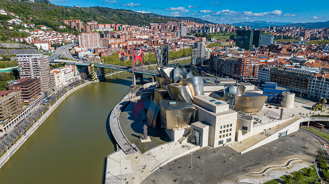 Aerial of the Guggenheim Museum, Bilbao, Basque country, Spain, Europe
