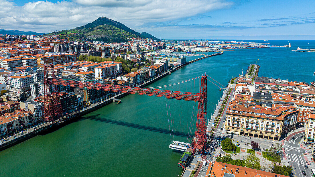 Aerial of Vizcaya Bridge, UNESCO World Heritage Site, Bilbao, Basque country, Spain, Europe