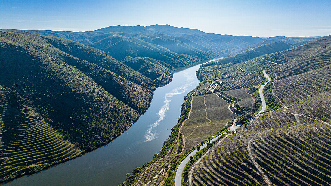 Aerial of the Rock Art site, UNESCO World Heritage Site, Vale de Coa, Portugal, Europe