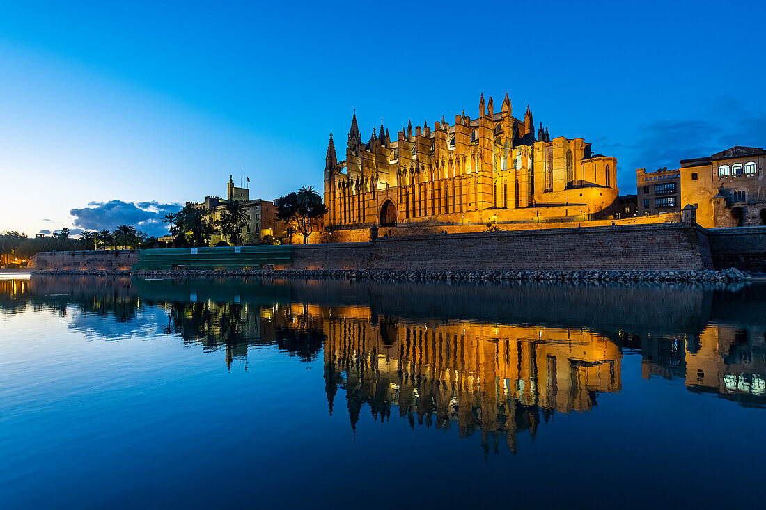 Cathedral of Palma at night, Mallorca, Balearic Islands, Spain, Mediterranean, Europe